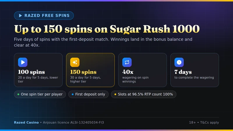 Razed free spins: 100 or 150 spins on Sugar Rush 1000 over five days