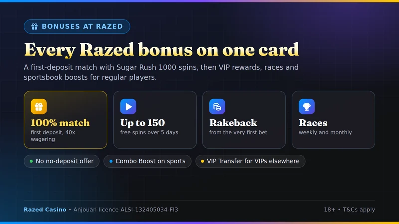 Razed bonuses at a glance: welcome match, free spins, VIP rewards and races
